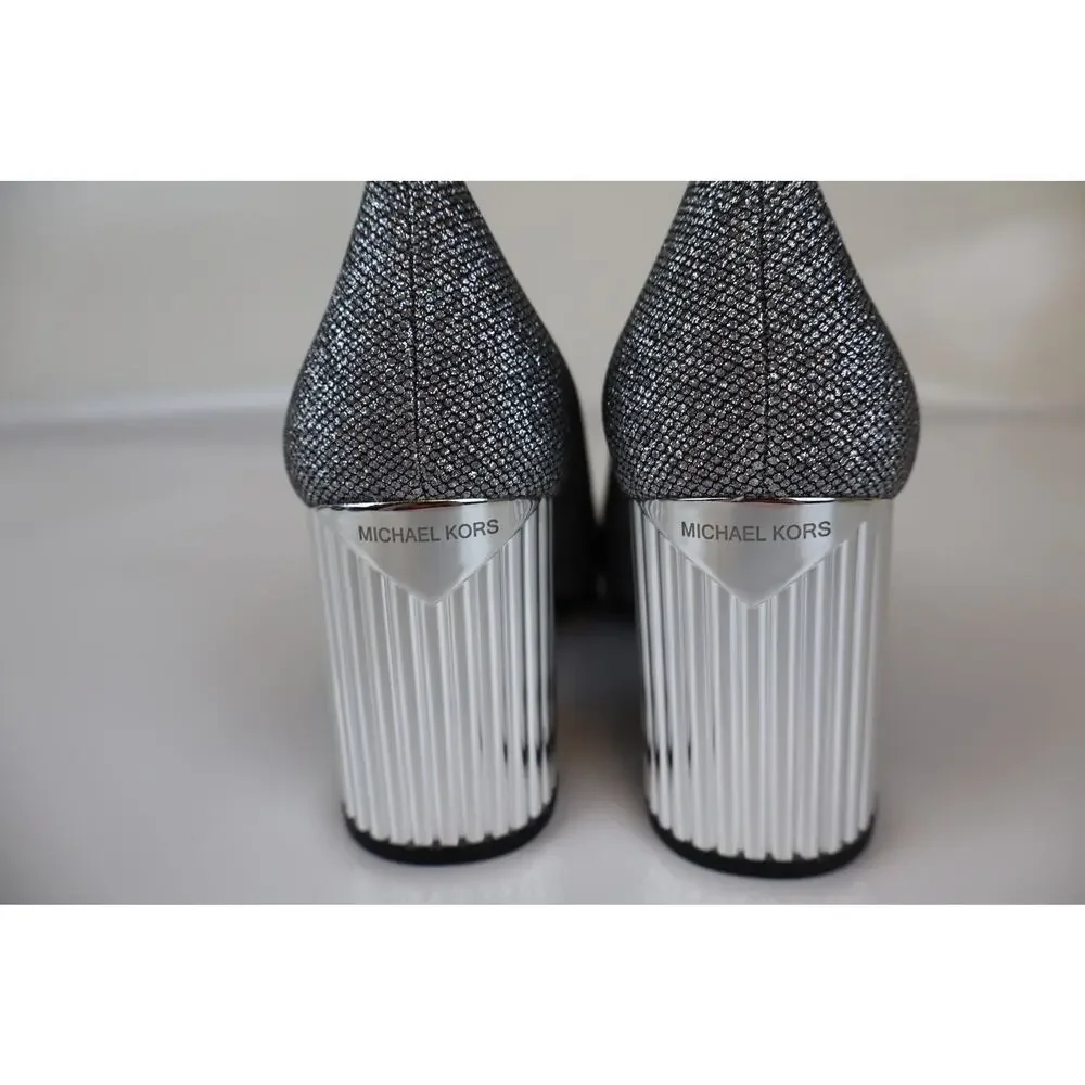 NEW Michael Kors Porter Flex Pump Heels Womens Silver Glitter Chain Mesh Size 6M